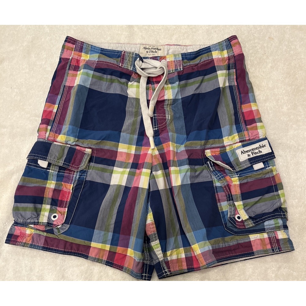 Abercrombie & Fitch Mens L Board Shorts Trunk Blue Pink Plaid Cargo Pockets